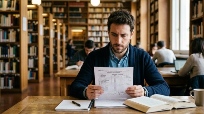 Insegnante italiano studia graduatorie GPS in biblioteca
